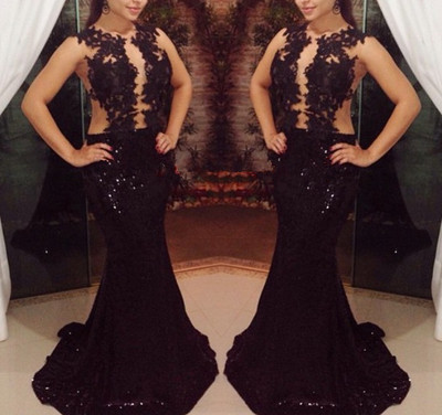 Pretty Black Long Sequins Prom Gown With Lace Appliques, Black Prom Gowns, Black Formal Gowns, Evening Dresses,PD3900291