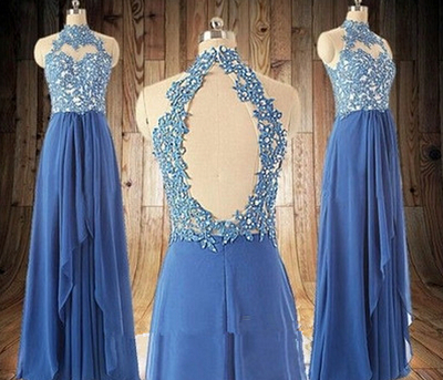 Beautiful Handmade Blue Halter Lace Applique Prom Gowns 2016, Prom Dresses 2016, Evening Gowns,PD3900294