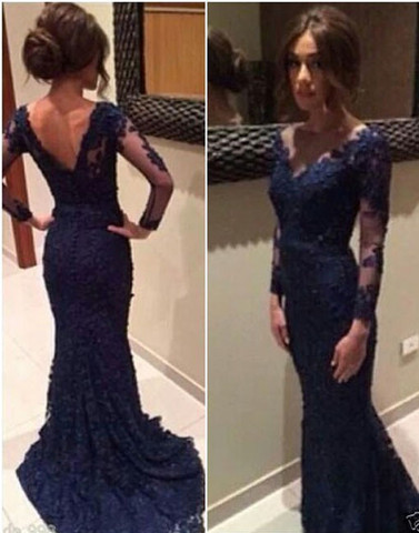 Elegant Navy Blue Lace Mermaid V-Neckline Prom Gowns, Prom Dresses 2016, Prom Gowns, Lace Evening Gowns,PD3900296