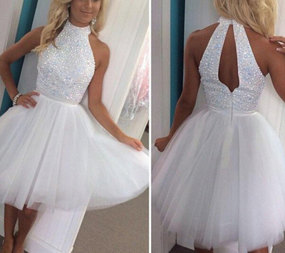 Cute Handmade White Beaded Halter Short Prom Dresses With Applique, Lovely Homecoming Dresses, Graduation Dresses 2016,PD3900303