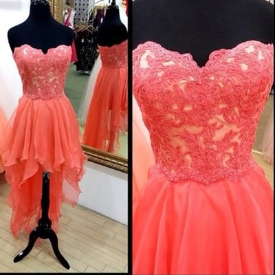 Cute handmade high low coral prom dresses with lace applique, homecoming dresses, party dresses, formal dresses,pd3900304 - Thumbnail 4