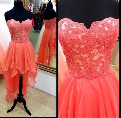 Cute Handmade High Low Coral Prom Dresses With Lace Applique, Homecoming Dresses, Party Dresses, Formal Dresses,PD3900304