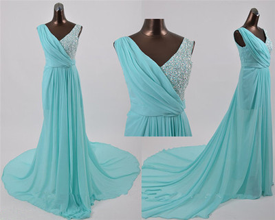 Elegant Hanmde Mint Blue V-Neckline Long Prom Dresses 2016, Formal Dresses, Party Dresses 2016,Evening Dresses,PD3900307