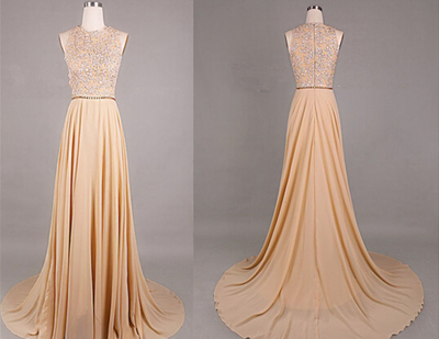 Pretty Handmade Champagne Long Prom Dress With Lace Applique, Champagne Prom Gowns, Evening Dresses 2016,PD3900309