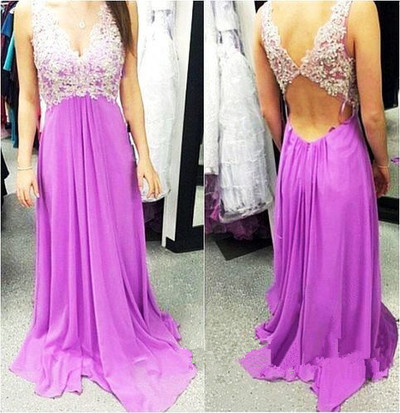 Lovely Chiffon Handmade V-Neckline Purple Long Prom Dresses With Lace Applique, Two Piece Prom Gowns, Prom Dresses 2016,PD3900322