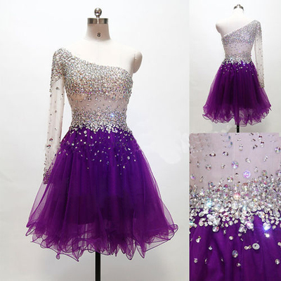 Sparkle handmade purple one shoulder beadings short prom dresses, prom dresses 2016, prom gowns,pd3900324