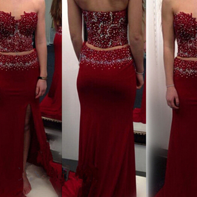 Pretty two piece dark red slit prom dress with beadings, two piece prom dresses, prom dresses 2016, evening dresses,pd3900330 - Thumbnail 3