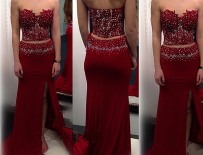 Pretty Two Piece Dark Red Slit Prom Dress With Beadings, Two Piece Prom Dresses, Prom Dresses 2016, Evening Dresses,PD3900330