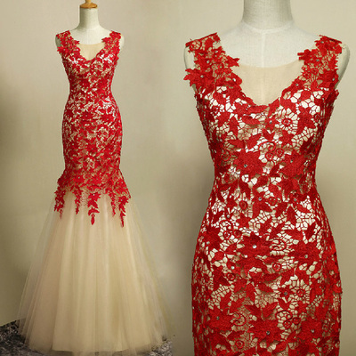 Elegant handmade mermaid red lace prom gown 2016, prom gowns 2016, red evening gowns,pd3900331