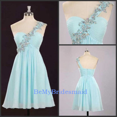 Lovely handmade chiffon mint blue one shoulder prom dresses, homecoming dresses, party dresses