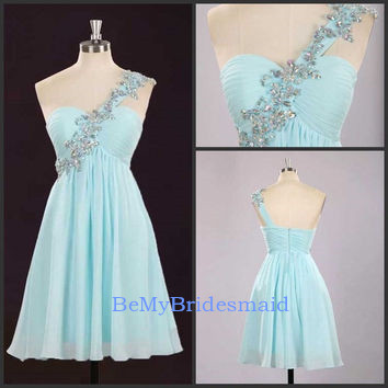 Lovely Handmade Chiffon Mint Blue One Shoulder Prom Dresses, Homecoming Dresses, Party Dresses