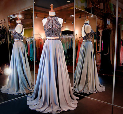 Largos Halter Prom Dresses,Crystals Sequins Beaded Prom Dresses,Open Back Prom Dresses,Two Pieces Prom Dresses,Long Prom Dresses,PD3900349