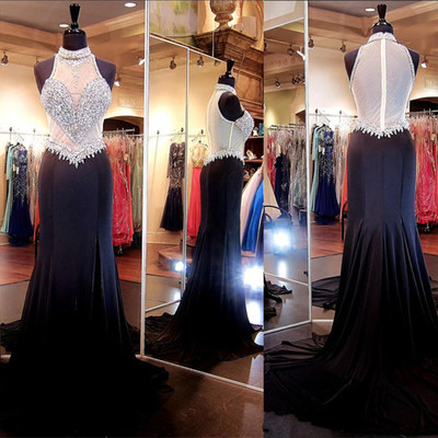 Gorgeous long halter prom dresses,with slit prom dresses,beading prom dresses,pretty prom dresses,pd3900353