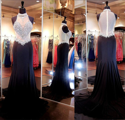 Gorgeous Long Halter Prom Dresses,With Slit Prom Dresses,Beading Prom Dresses,Pretty Prom Dresses,PD3900353