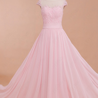 Classy Modest Pink Prom Dresses,Cap Sleeves Bridesmaid Dresses,Chiffon Prom Dresses,Wedding Guest Dresses,PD3900399 - Thumbnail 1