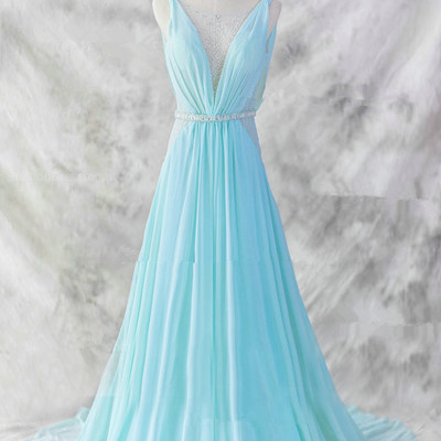 Pretty chiffon prom dresses,floor length prom dresses,v-neckline prom dresses,baby blue evening dresses,formal dresses,pd3900404