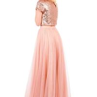 Scoop Bridesmaid Dress,Cap Sleeves Bridesmaid Dress,Sequined Custom Long Bridesmaid Dress, Wedding Party Dresses,PD3900422 - Thumbnail 1