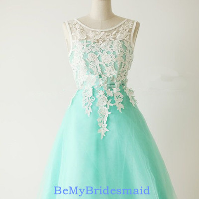 Lovely tulle handmade turquoise prom dress with lace applique, short prom dresses, bridesmaid dresses