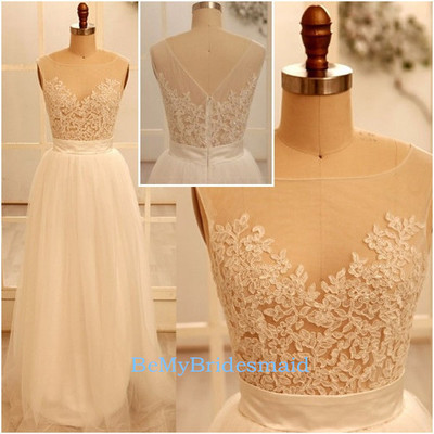 Elegant handmade white tulle prom dress with lace applique, evening gowns, party gowns