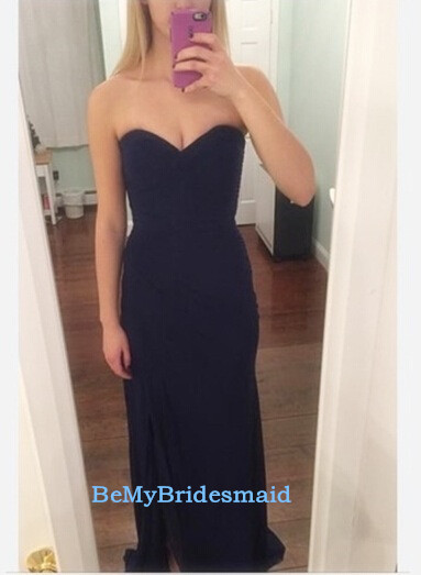 Pretty Navy Blue Handmade Simple Sweetheart Slit Prom Dress, Evening Gowns, Party Dresses