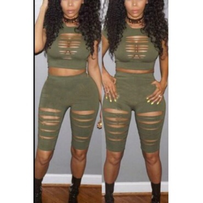 Trendy hollow out army green two piece shorts set