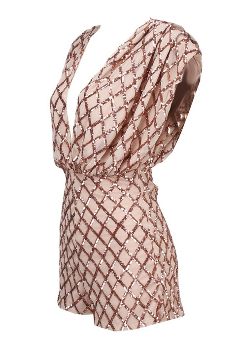 Gold Elegant V-Neck Sequined Halter Jumpsuits