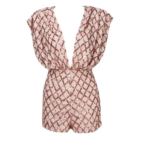 Gold Elegant V-Neck Sequined Halter Jumpsuits