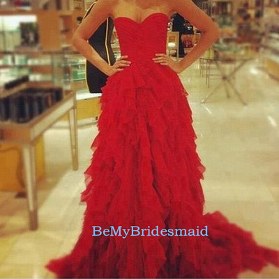 Beautiful red tulle ruffles sweetheart long prom gowns, red prom dresses, partyndresses