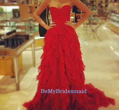 Beautiful Red Tulle Ruffles Sweetheart Long Prom Gowns, Red Prom Dresses, PartynDresses
