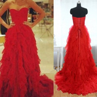 Beautiful Red Tulle Ruffles Sweetheart Long Prom Gowns, Red Prom Dresses, PartynDresses - Thumbnail 1