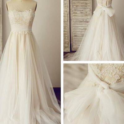 Lace and tulle wedding dress with back bow knot pwd0007