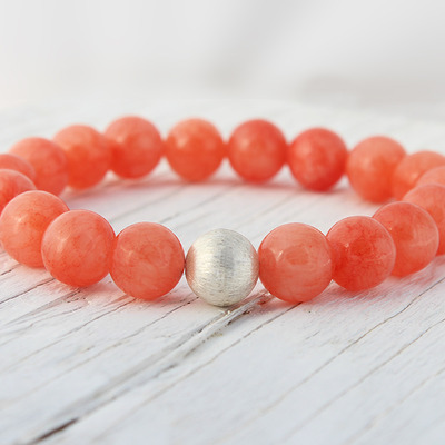 Pink grapefruit jade sterling silver beaded bracelet