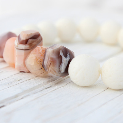 Pink botswana agate white coral beaded bracelet