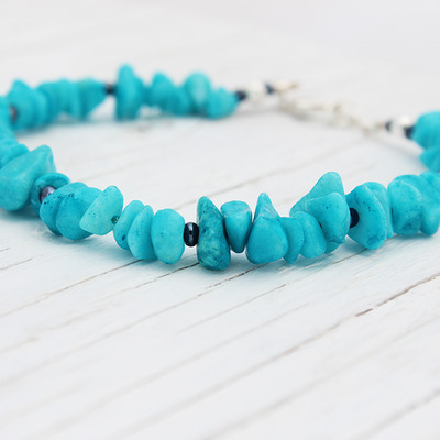 Turquoise blue hematite bead bracelet / sterling silver / natural indian / summer