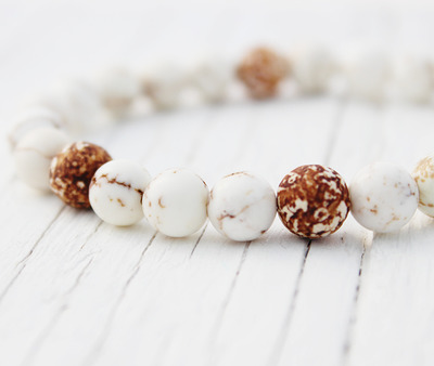 Leopard Agate White Turquoise bead bracelet / brown white tan cream / rustic earthy natural