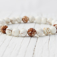 Leopard Agate White Turquoise bead bracelet / brown white tan cream / rustic earthy natural - Thumbnail 2