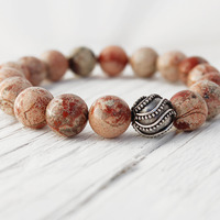 Breccia Poppy Jasper Sterling Silver bead bracelet / earthy mauve pink gray neutral - Thumbnail 1