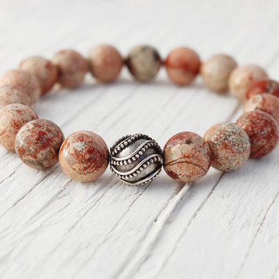 Breccia poppy jasper sterling silver bead bracelet / earthy mauve pink gray neutral