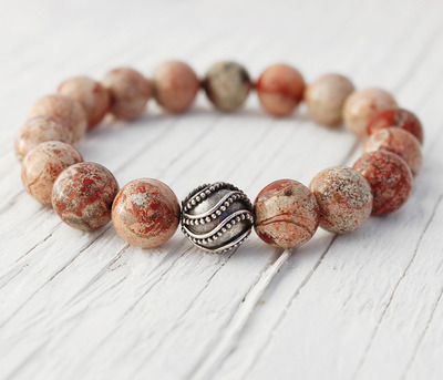 Breccia Poppy Jasper Sterling Silver bead bracelet / earthy mauve pink gray neutral