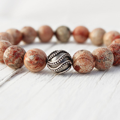 Breccia poppy jasper sterling silver bead bracelet / earthy mauve pink gray neutral