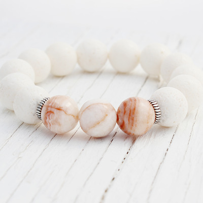 Zebra jasper coral bead bracelet / white cream pink peach / sterling silver / fresh natural