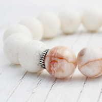Zebra Jasper Coral bead bracelet / white cream pink peach / sterling silver / fresh natural - Thumbnail 1