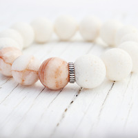 Zebra Jasper Coral bead bracelet / white cream pink peach / sterling silver / fresh natural - Thumbnail 3