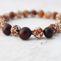 Tagua Nut Leopard Agate bead bracelet / bronze brown white tan cream coffee / rustic earthy natural - Thumbnail 1