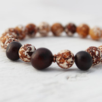 Tagua Nut Leopard Agate bead bracelet / bronze brown white tan cream coffee / rustic earthy natural - Thumbnail 2