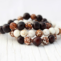 Tagua Nut Leopard Agate bead bracelet / bronze brown white tan cream coffee / rustic earthy natural - Thumbnail 3