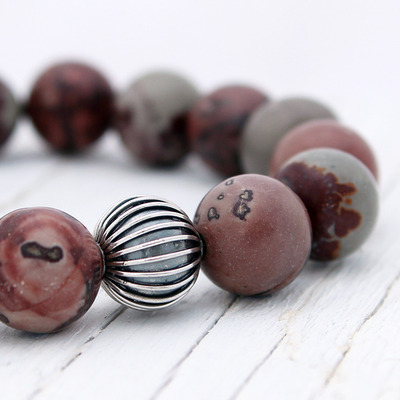 Crazy horse sterling silver bead bracelet / earthy mauve brown gray green neutral