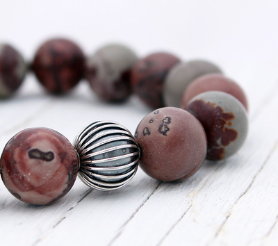 Crazy Horse Sterling Silver bead bracelet / earthy mauve brown gray green neutral