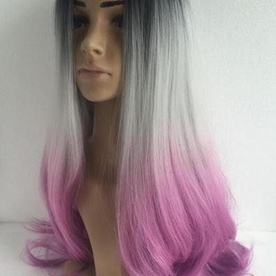 Synthetic black/grey/pink wig