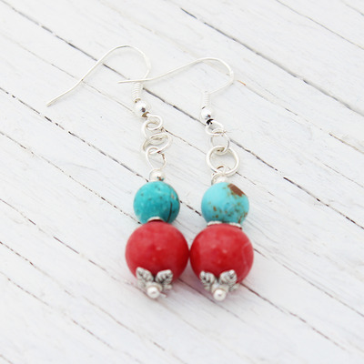 Turquoise blue red jade earrings / brown tan / sterling silver / earthy natural bohemian